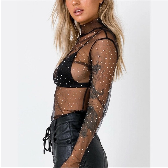 Sheer Sparkly Long Sleeve Mesh Transparent Top - Picture 3 of 8
